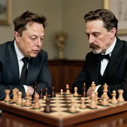 elon musk and nikola tesla playing chess, hyper - realistic, photorealistic, sharp focus, depth of field, insanely detailed, in colors,