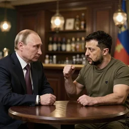 Vladimir Putin and Vladimir Zelensky fighting in a bar, photorealistic