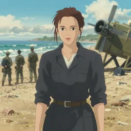a photo of emma watson at the battle at normandy beach by makoto shinkai