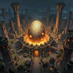 ancient city, ruins, alien nest in the middle, large egg in the middle, glowing lights on egg, epic fantasy, colorfully, dark mood, detailed illustration, dark climate, digital art, highly saturated colors, overdetailed art, concept art, detailed illustration, hd, 4 k, digital art, greg rutkowski, dan mumford, wlop, trending on artstation