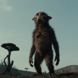 the strange creature looks at the sky film still from the movie directed by denis villeneuve and david cronenberg with art direction by salvador dali and zdzisław beksinski, wide lens