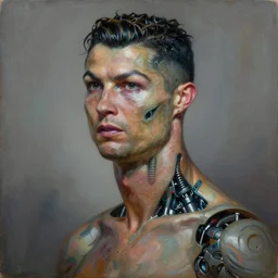 cinematic bust portrait of psychedelic Cristiano Ronaldo from left, head and chest only, exotic alien features, robotic enhancements, desaturated, Tim Hildebrandt, Wayne Barlowe, Bruce Pennington, donato giancola, larry elmore, oil on canvas, masterpiece, trending on artstation, featured on pixiv, cinematic composition, dramatic pose, beautiful lighting, sharp, details, hyper-detailed, HD, HDR, 4K, 8K