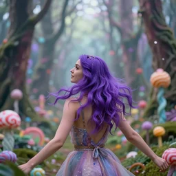 photograph from behind of a half - brazilian half - swedish lady with purple hair frolicking through a mystical candy forest, photorealistic, bokeh, 3 5 mm lens, professional photo, detailed face!!! fantasy