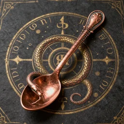 a bronze spoon in the shape of a snake, alchemical drawing,, 8 k, unreal, high resolution, vivid colours, 3 d render, middle ages, romanesque, futuristic, 8 k,