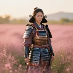 female samurai in armor standing in a pink flower field in the style of Ruan Jia, golden hour