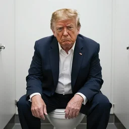 Donald trump sitting on a white toilet in a public restroom making a very uncomfortable face, detailed, 8k