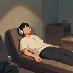 a guy listening to music lying down in a chill out room, concept art