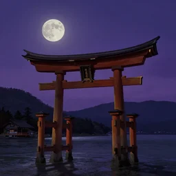 a traditional Japanese quite Torii on a mountain, dark,night , MOON IN SKY, DARK PURPLE SCHEME, by studio ghibli painting