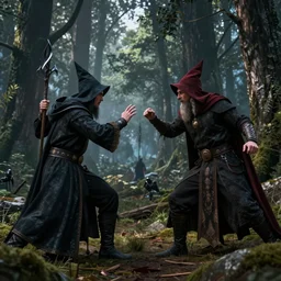2 wizards fighting in an ebony forest, 4 k resolution, octane render, ultradetailed, photorealistic, ultrarealism