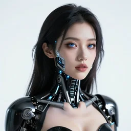 an immaculate blender render high key anaglyph lighting headshot rendering of an attractive curvy cybernetic goth woman with embedded LEDs, a cybernetic eye, and shiny black exoskeleton.