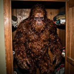 grainy photo of bigfoot as a creepy monster in a closet, harsh flash