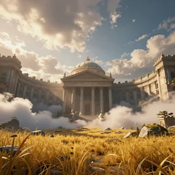8 k resolution | unreal engine 5 | evening sunlight | fantasy | volumetric clouds | yellow dry grass | pantheon!! | splitgate!! portal walls gameplay trailer | screenshot