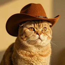 Scottish fold cat wearing a cowboy hat portrait, atmospheric lighting, painted, golden ratio, golden hour, intricate, highly detailed by Rembrandt