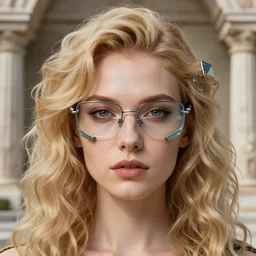 vertical photo closeup of polish female in primitive temple, blonde, curly hair, symmetrical beautiful face, cyberpunk glasses, cyberpunk decorations and jewelry, native costume, standing in the primitive tent, fashion editorial photography, hyperrealistic, from vogue magazine, reflections, refraction, gold, teal, orange