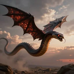 awful demonic serpent flying in cinematic lighting sky
