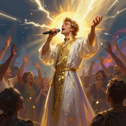 a highly detailed illustration of prince as a preacher singing let's go crazy, sermon, rapture, melee, congregation, lightning bolts, sunbeams, digital painting, splatter paint, art by fiona staples, artstation, smooth, dynamic lighting by delphin enjolras, ultrarealistic, cinematic, octane render