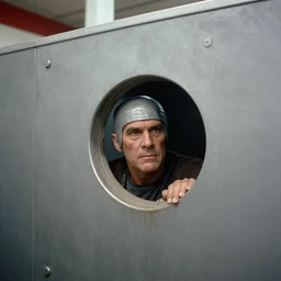 portrait of Klingon Chancellor Gowron as he inspects a 2 inch round hole in the wall of the bathroom stall at a gas station