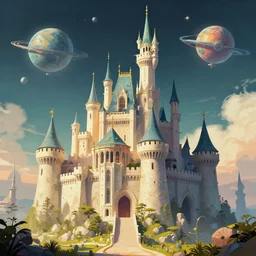 A beautiful illustration of a retro futurism castle on another world by Daniel merriam| sparth:.2 | Time white:.3 | Rodney Mathews:.5 | Graphic Novel, Visual Novel, Colored Pencil, Comic Book:.2