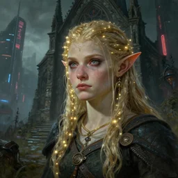 an ultra realistic, cinematic, fantasy, painting, of an elden ring elf, fairy lights, facial features, stood outside an abandoned church, with futuristic buildings and neon signs, detailed, deep focus, movie still, dramatic lighting, ray tracing, by michal karcz and yoshitaka amano