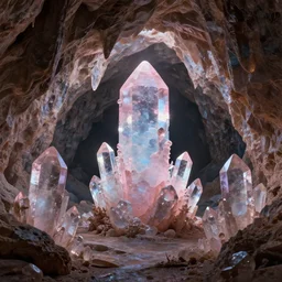 highly detailed matte painting of a glistening crystal cave by atey ghailan, by greg rutkowski, by greg tocchini, by james gilliard, by joe fenton, pink, brown, black and light blue color scheme, octane render