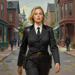 front view of margot robbie as investigiator walking down street in arkham town, male, detailed face, gorgeous, amazing, new england architecture, 1920 style, intricate, highly detailed, musculine, lovecraft illustration, painting by Gaston Bussiere, Craig Mullins