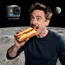 robert downey jr eating a hot dog on the moon, dynamic lighting, gopro selfie with a fisheye lens