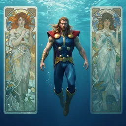 ian bohen as namor floating underwater, alphonse mucha, rhads, ross tran, artstation, artgerm, octane render, 1 6 k