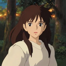 portrait bust of woman, komorebi forest background, long brown hair, cloth, princess mononoke, 4 k, greg rutkowski, high detail, dramatic lighting, sunset, hayao miyazaki, masashi ando, nizou yamamoto, kazuo oga, joe hisaishi, yoji takeshige, naoya tanaka