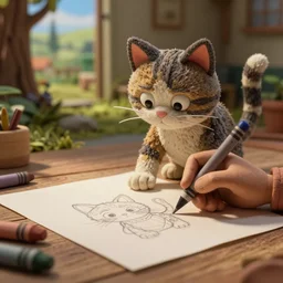 claymation of a cat drawing a picture with crayons by nick park