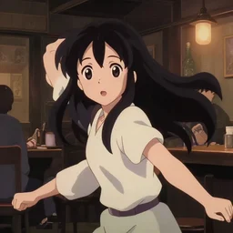 anime visual, portrait of a young female in tavern interior at night long hair, low light, cute face by ilya kuvshinov, yoh yoshinari, makoto shinkai, dynamic pose, dynamic perspective, cel shaded, flat shading mucha, rounded eyes,