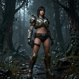 A girl in fishnet stockings and power armor stands against the background of a radioactive forest, graphics, fallout 4 render, 3d computer render, maximum details, rain, night, spotlight,