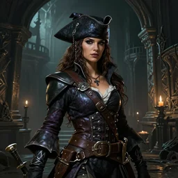 A fantasy comic book style portrait painting of a 30 year old female as a pirate wizard in a atmospheric dark fortress, unreal 5, DAZ, hyperrealistic, octane render, RPG portrait, ambient light, dynamic lighting