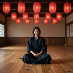 a beautiful photograph of a samurai sitting on a wooden dojo floor with red paper lanterns hanging on the ceiling and the walls, trending on artstation, high detail, high quality, 8k, 4k, dramatic lighting, perfect composition