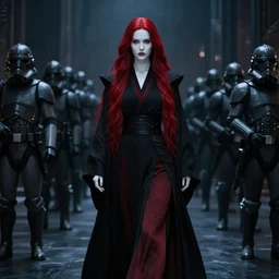 film still of a beautiful female sith warrior with smooth porcelain white skin and long flowing red hair, wearing black robes with dark red highlights, leading imperial troops in a dark futuristic city. shadowy gothic aesthetic, cinematic full body portrait, centered composition, detailed, cinematic lighting, moody, nighttime, very dark