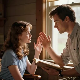 beguiling handsome man asking a fair young woman to join him beside a window so he can read her palm, enchanting, warm cabin, set in the 8 0 s