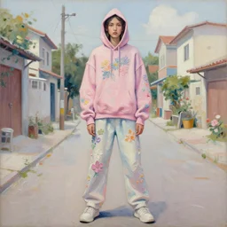liu wen wearing a hoodie standing in a township street in the style of martine johanna, street clothing, haute couture! fashion!, full figure painting by andrei riabovitchev, tara mcpherson, david choe, decorative flowers, detailed painterly impasto brushwork, pastel color palette, die antwoord