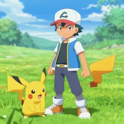 a real life photo of ash kechum from pokemon. standing in a field about to catch a pokemon