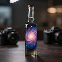 a bottle filled with vibrant galaxy is sitting on a table, clear focus, bokeh effect, high res, hasselblad, dslr, professional, cinematic