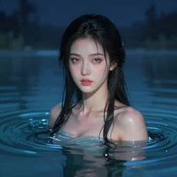 pretty portrait of a lady in a magical lake, half submerged in water, highly detailed, digital painting, artstation, night scene, wlop concept art, smooth, sharp focus, illustration, art by artgerm and greg rutkowski, 8 k
