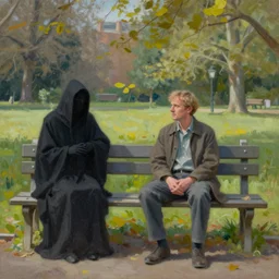 man sitting on park bench next to the grim reaper peaceful acrylic painting Roger Deakins sunny afternoon