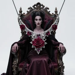 vampire queen on throne with burgundy roses and holes with gemstones as an artnouveau necklace