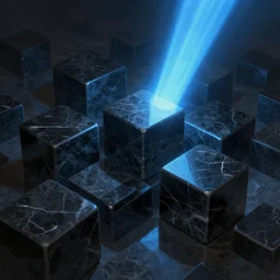 black marble cubes, blue beam of light. fantasy, digital painting, hd, detailed.