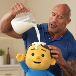 Blippi pouring boiling milk on Dwayne Johnson's scalp.