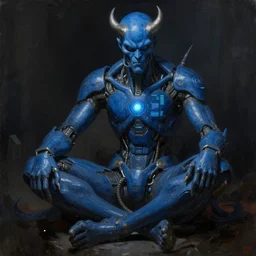 hi - tech version of blue demon seated, with hi - tech singularity digital body interface. highly detailed fantasy science fiction painting. paint by vrubel. dark. high contrast. artstation