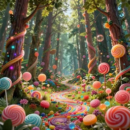 a forest made out of candy, futurism, high fantasy, magical elements, vibrant colors, lush landscape, sharp details, high res eautiful lighting, digital art, octane rendered, studio light, glowing lights, holographic undertones, epic fantasy, extremely detailed, establishing shot, realistic materials, hyperrealistic, high delicate defined details, 8 k