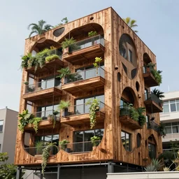 hyperrealstic photo of a futuristic timber building in an urban setting, the building has many balconies with hanging plants, parts of the building are covered with wooden facade that has huge holes, the wooden facade havs thick mesh with large holes for balconies and windows, the facade hangs from metal scaffolding, 8 k