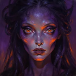 baroque neoclassicist close - up portrait of a dark retrofuturistic alien witch fairy gazing intensely with big eyes. dark purple and orange light. iridescent and reflective textures. highly detailed science fiction painting by norman rockwell, frank frazetta, and syd mead. rich colors, high contrast, gloomy atmosphere. trending on artstation and behance.