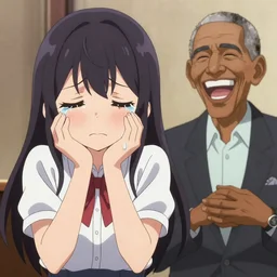 anime girl waifu crying upset in tears, anime Obama laughing at her plight, anime key visual pixiv trending on artstation