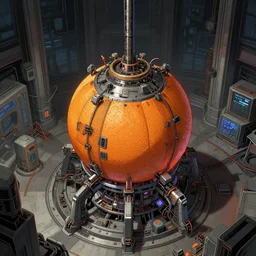 orange fruit fusion reactor in a government building, cyberpunk, studio gainax art, intricate electronics, moody lighting
