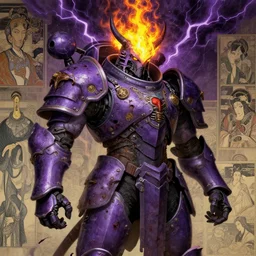 composition of gothic and futuristic cerberus, warhammer, cyber japan style armor, more and more scars, thunderstorm, fire head, purple and yellow, highly detailed, artstation, in the style of moebius, jugendstil and classic japanese print, art by jean delville and rene magritte